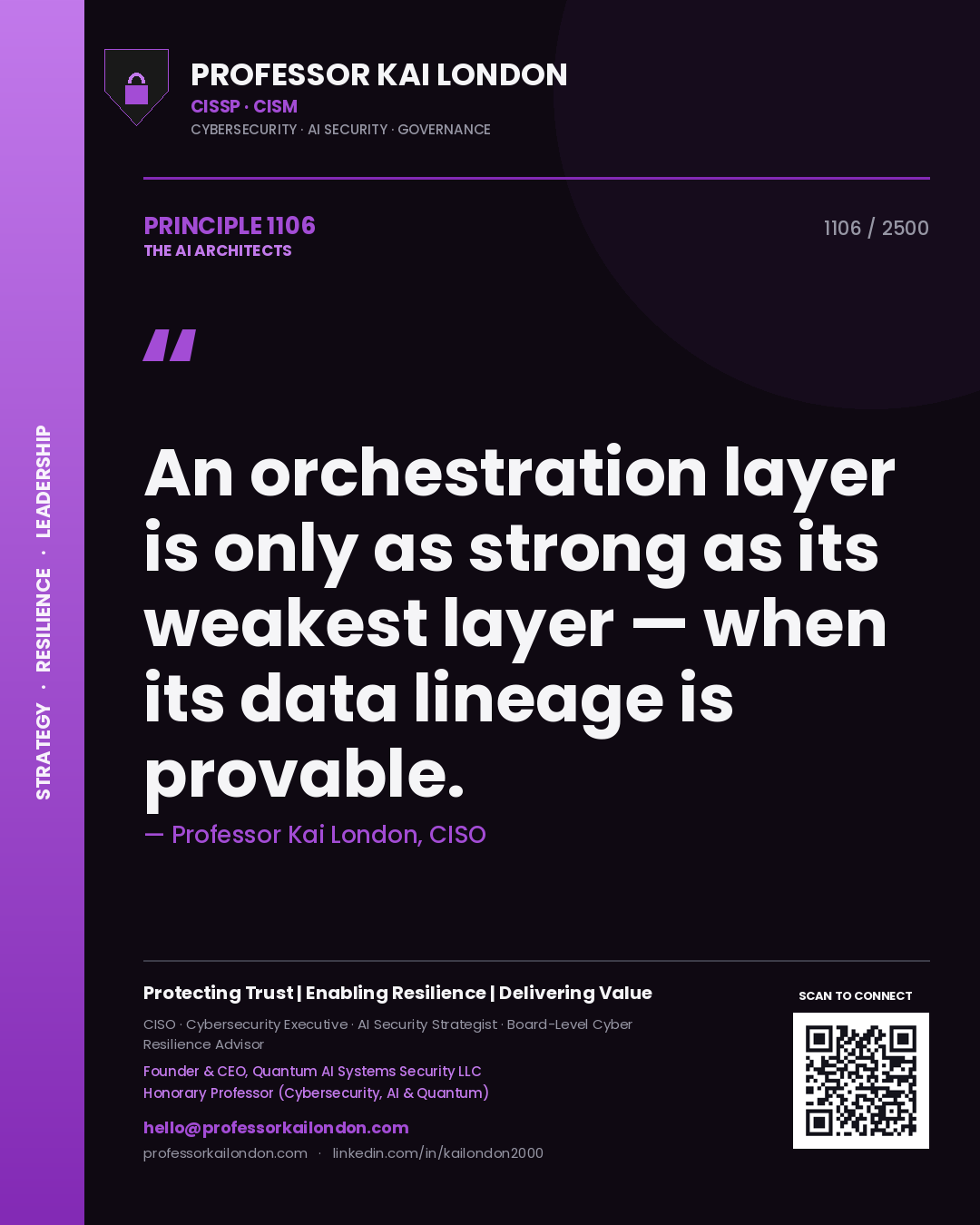 Professor Kai London principle 1106: An orchestration layer is only as strong as its weakest layer — when its data lineage is provable.