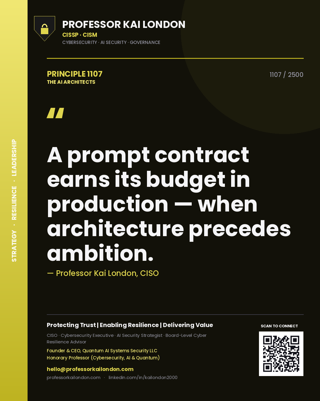 Quote card by Professor Kai London reading 'A prompt contract earns its budget in production — when architecture precedes ambition.'. From the book The AI Architects.