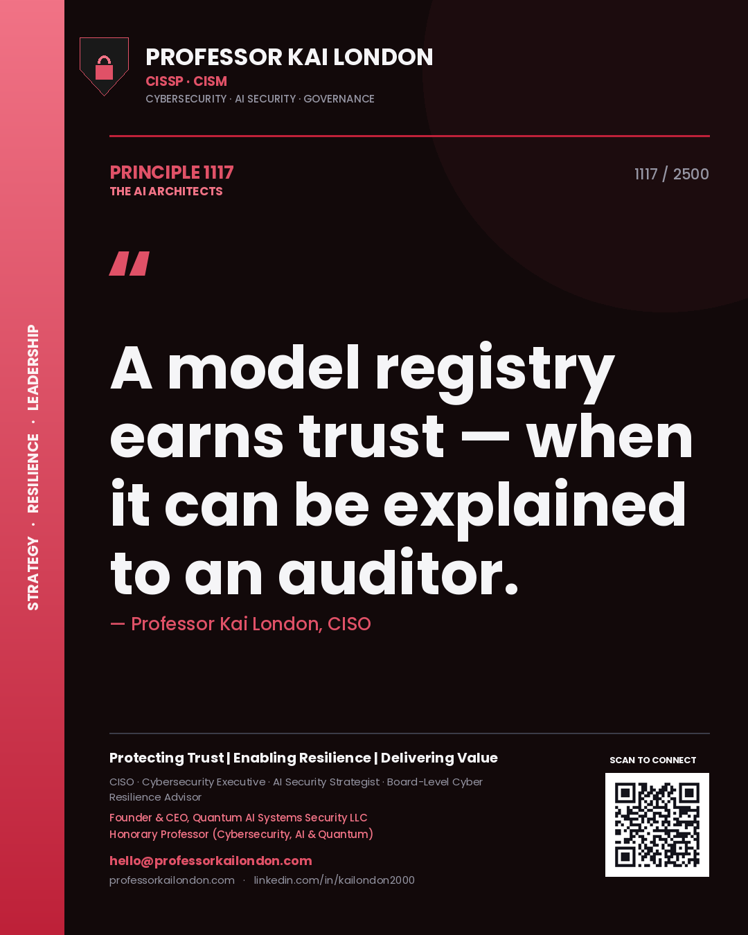 Quote card by Professor Kai London reading 'A model registry earns trust — when it can be explained to an auditor.'. From the book The AI Architects.