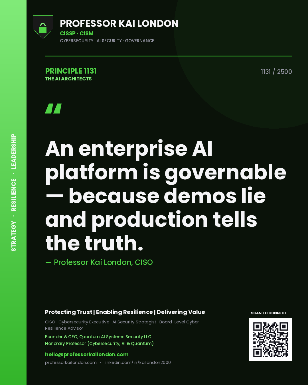 Quote card by Professor Kai London reading 'An enterprise AI platform is governable — because demos lie and production tells the truth.'. From the book The AI Architects.