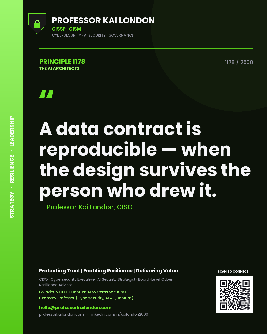 Professor Kai London principle 1178: A data contract is reproducible — when the design survives the person who drew it.