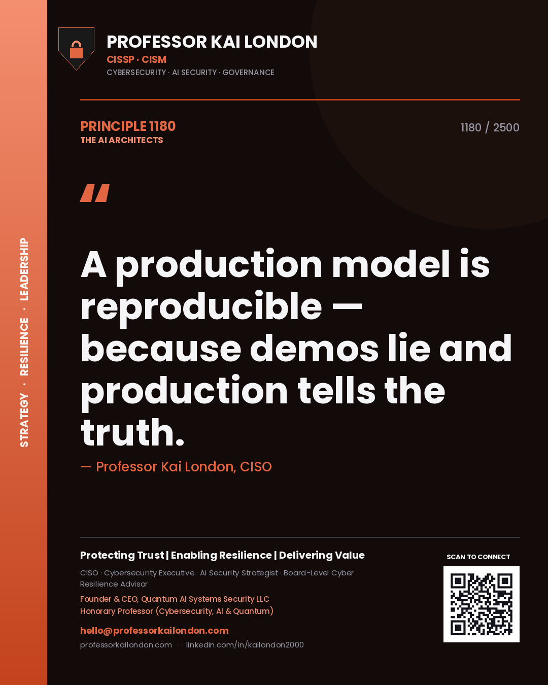 Professor Kai London principle 1180: A production model is reproducible — because demos lie and production tells the truth.