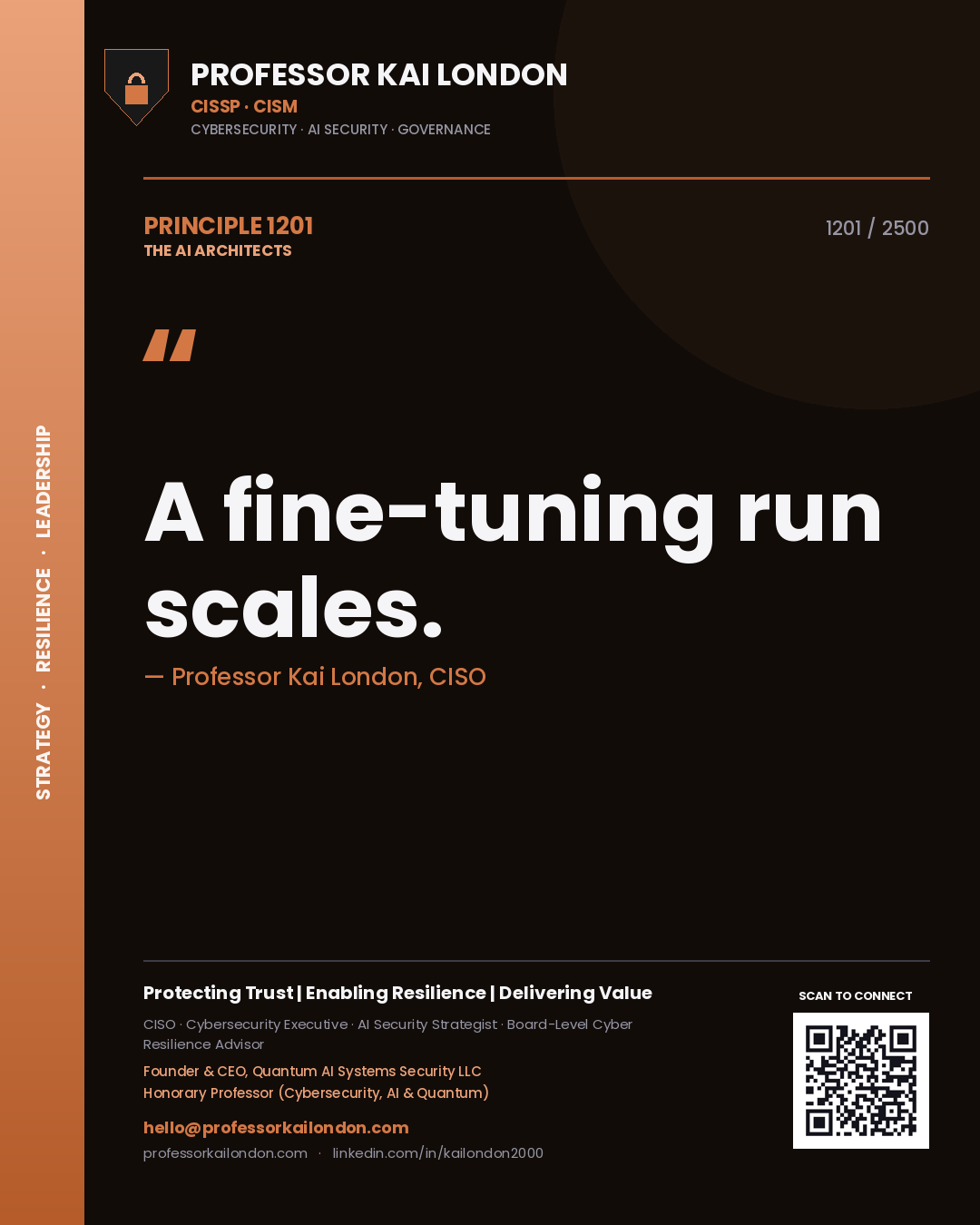 Quote card by Professor Kai London reading 'A fine-tuning run scales.'. From the book The AI Architects.
