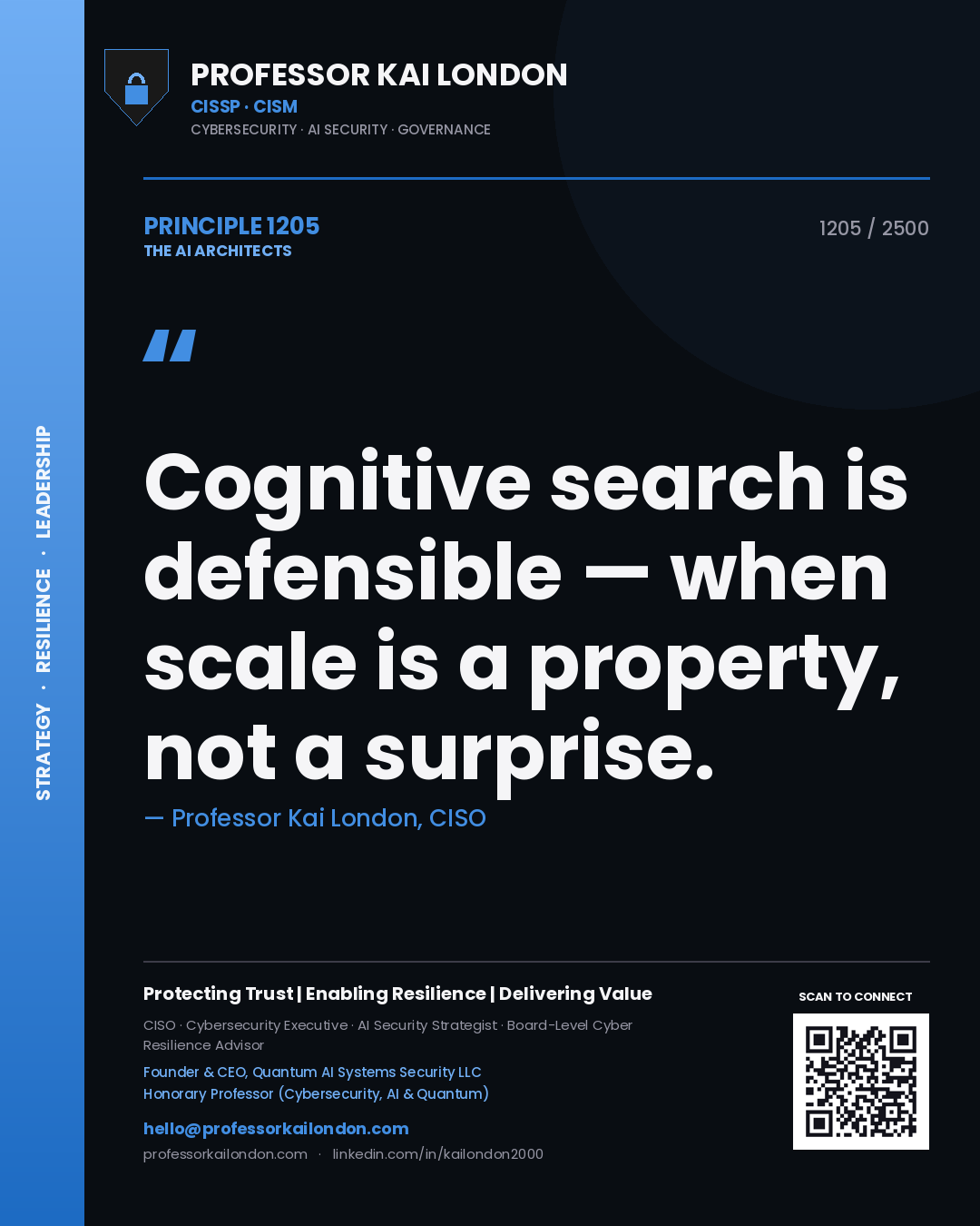 Professor Kai London principle 1205: Cognitive search is defensible — when scale is a property, not a surprise.