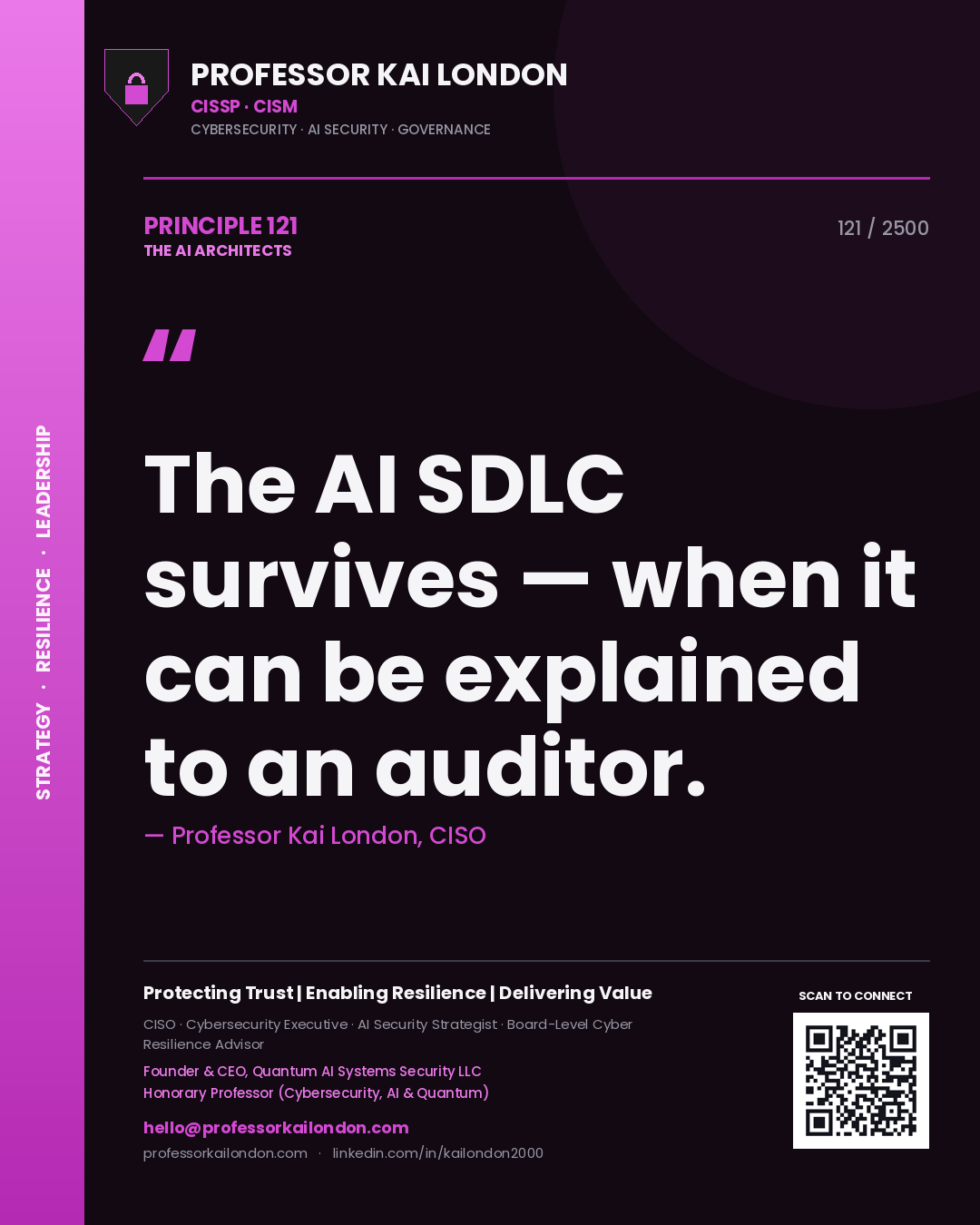 Quote card by Professor Kai London reading 'The AI SDLC survives — when it can be explained to an auditor.'. From the book The AI Architects.