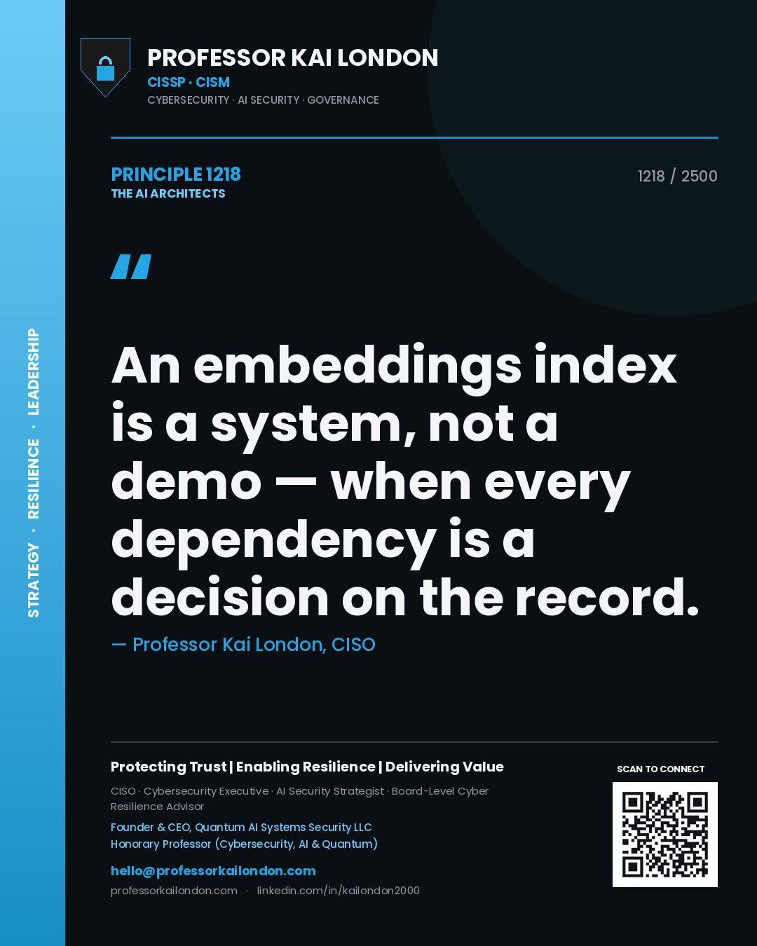 Professor Kai London principle 1218: An embeddings index is a system, not a demo — when every dependency is a decision on the record.