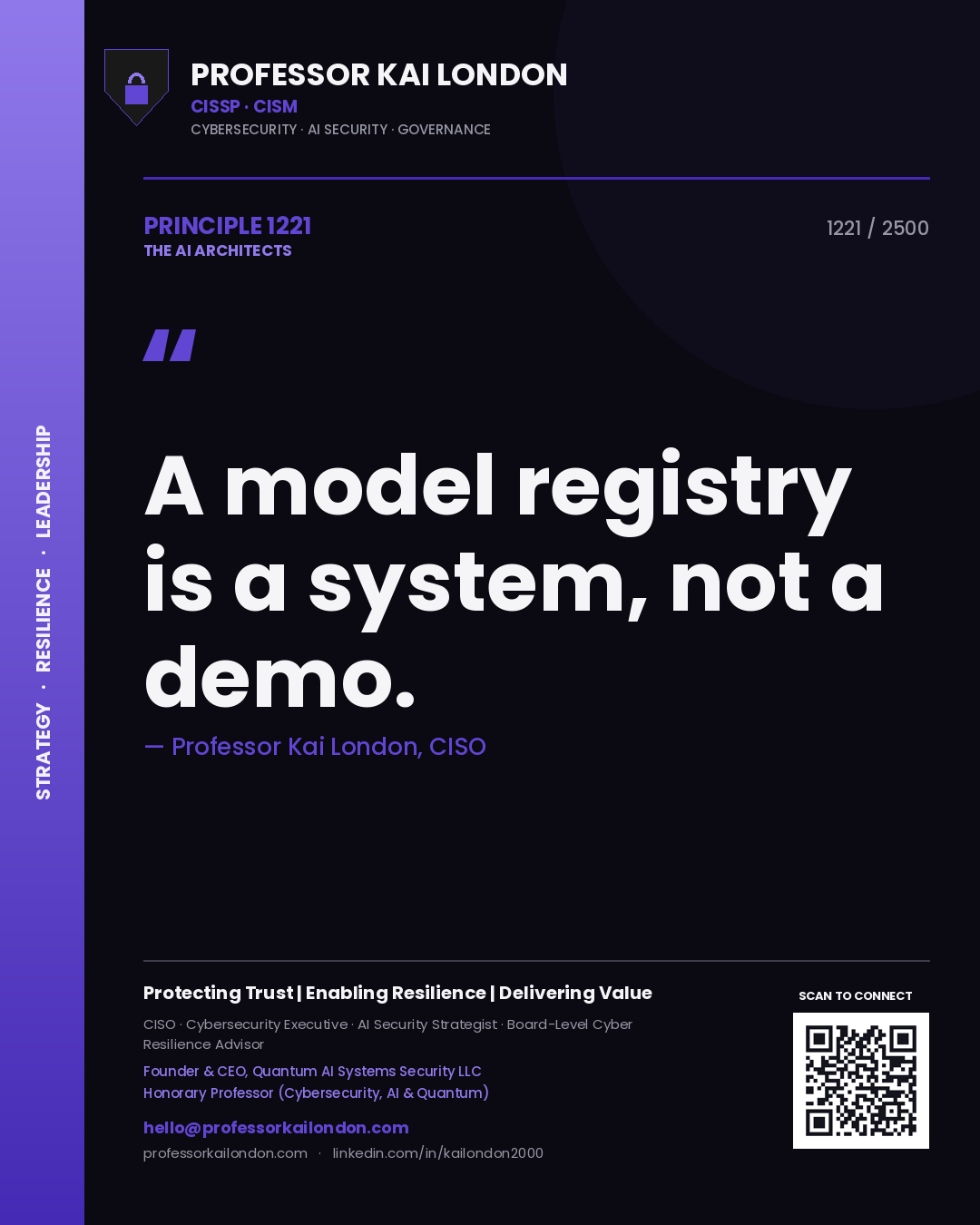 Quote card by Professor Kai London reading 'A model registry is a system, not a demo.'. From the book The AI Architects.