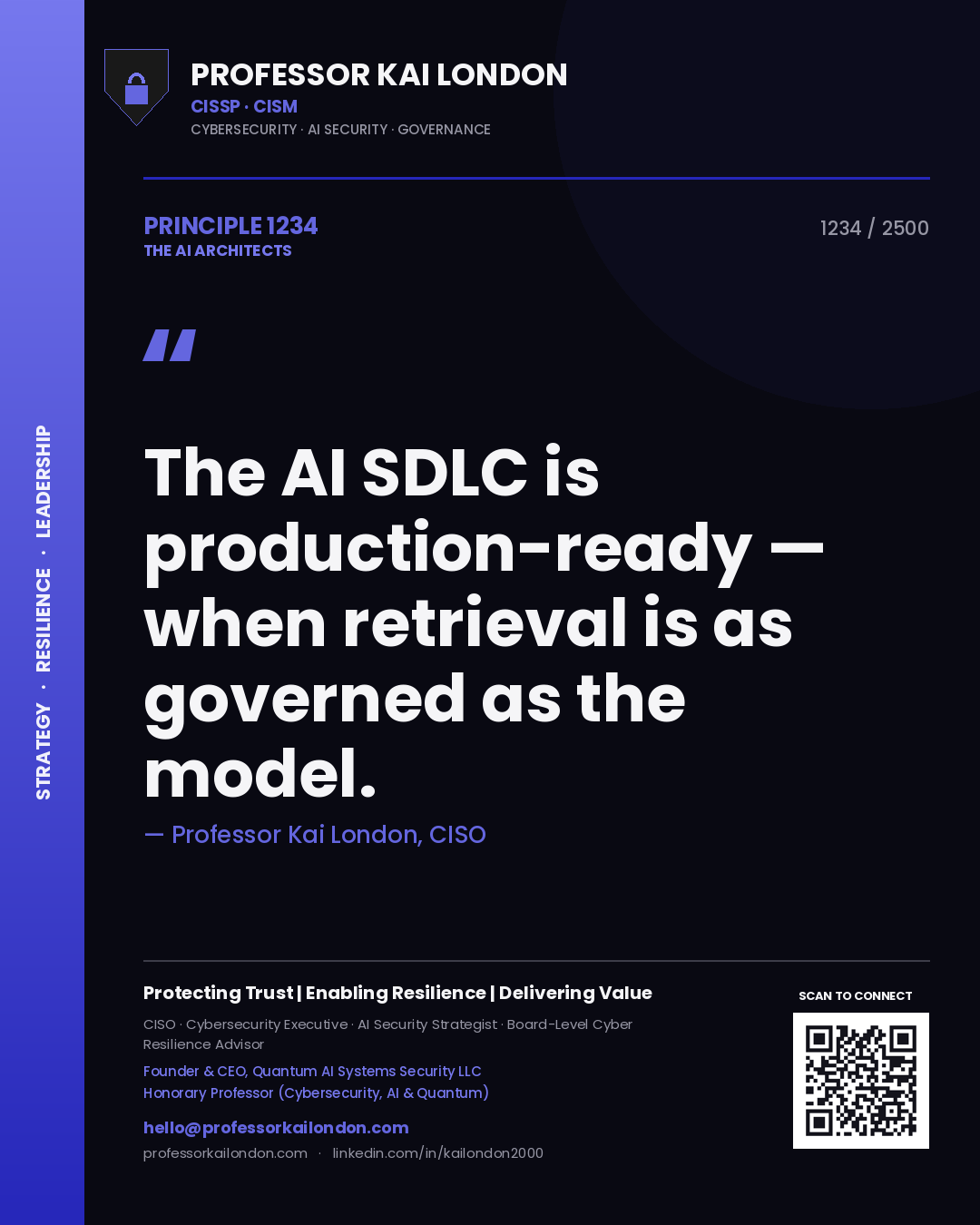 Quote card by Professor Kai London reading 'The AI SDLC is production-ready — when retrieval is as governed as the model.'. From the book The AI Architects.