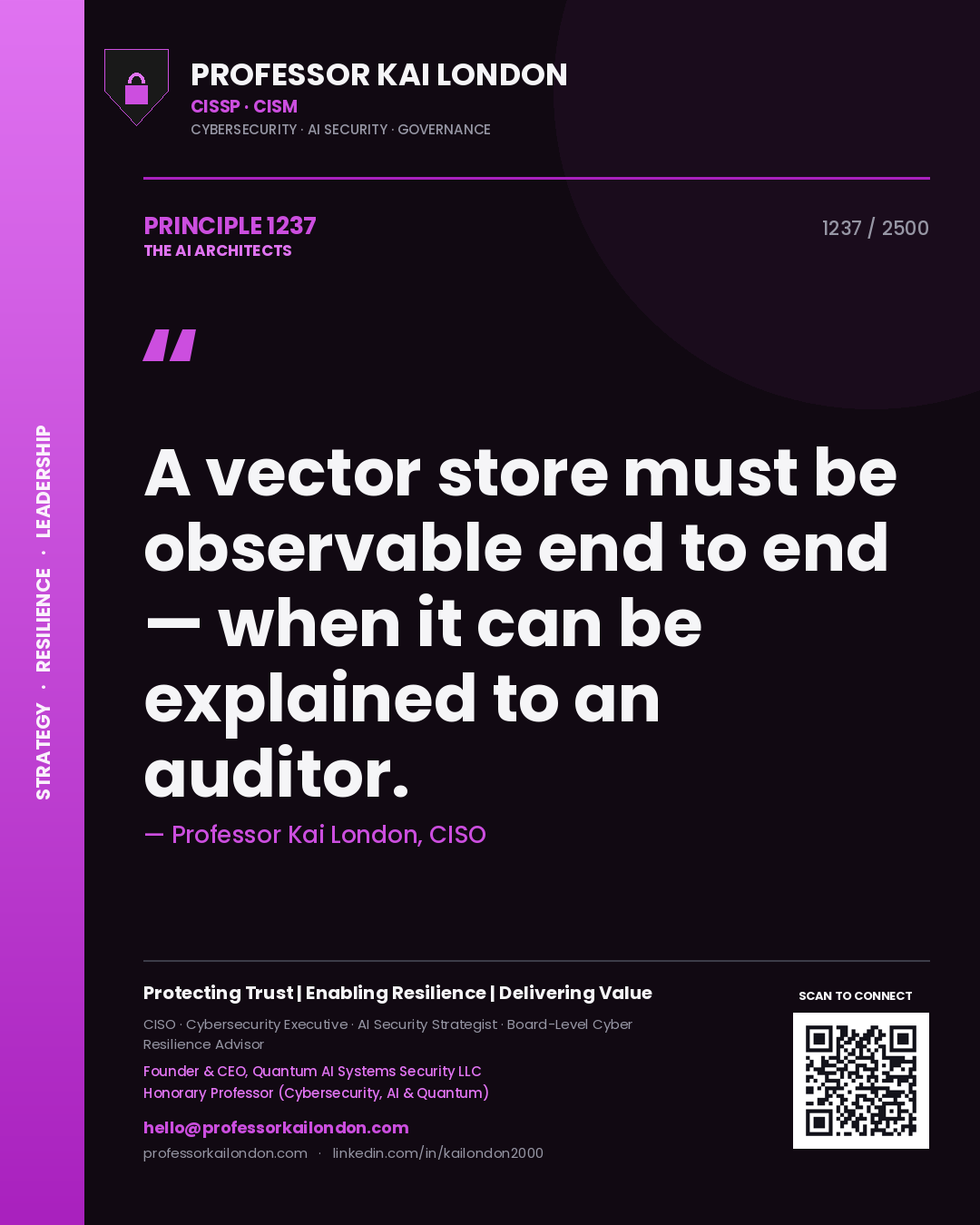 Quote card by Professor Kai London reading 'A vector store must be observable end to end — when it can be explained to an auditor.'. From the book The AI Architects.