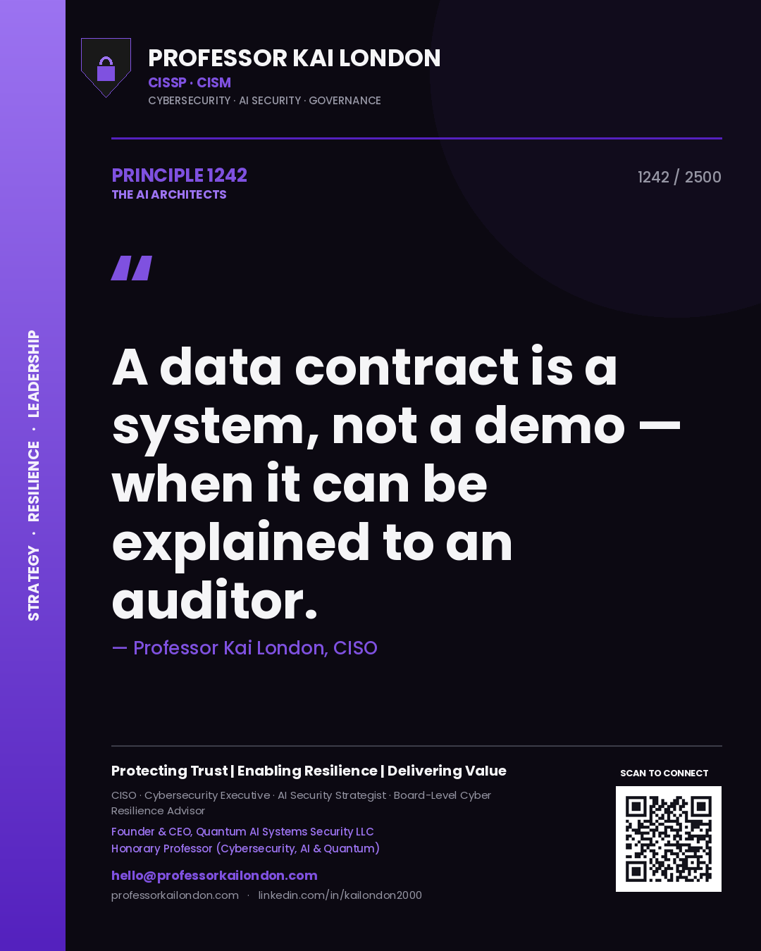 Quote card by Professor Kai London reading 'A data contract is a system, not a demo — when it can be explained to an auditor.'. From the book The AI Architects.