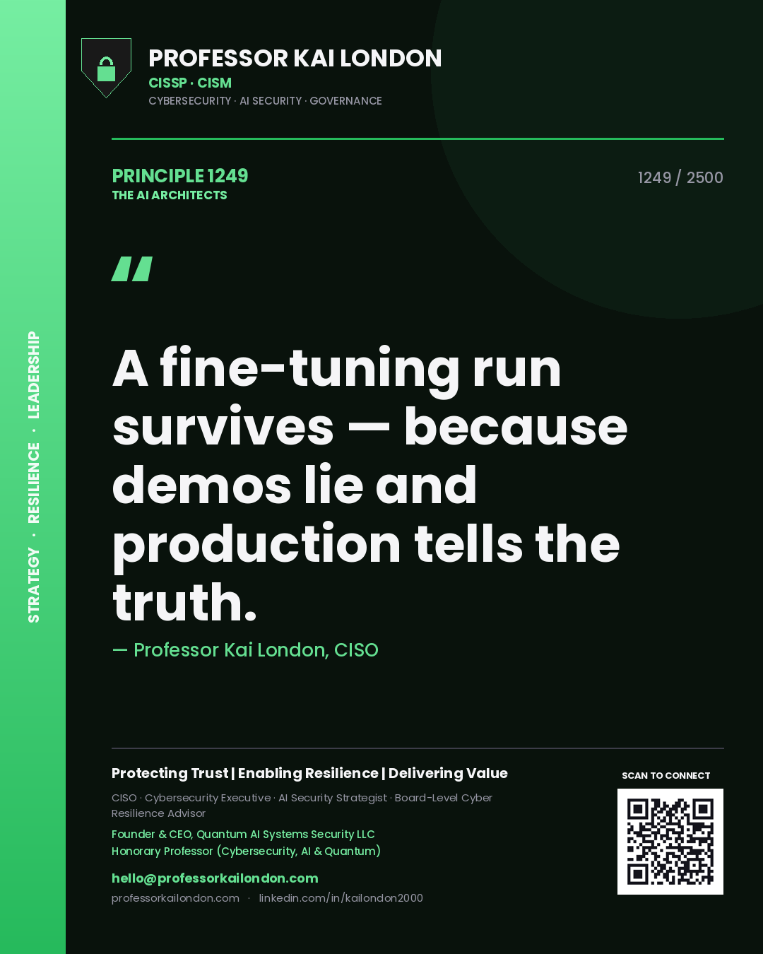 Quote card by Professor Kai London reading 'A fine-tuning run survives — because demos lie and production tells the truth.'. From the book The AI Architects.