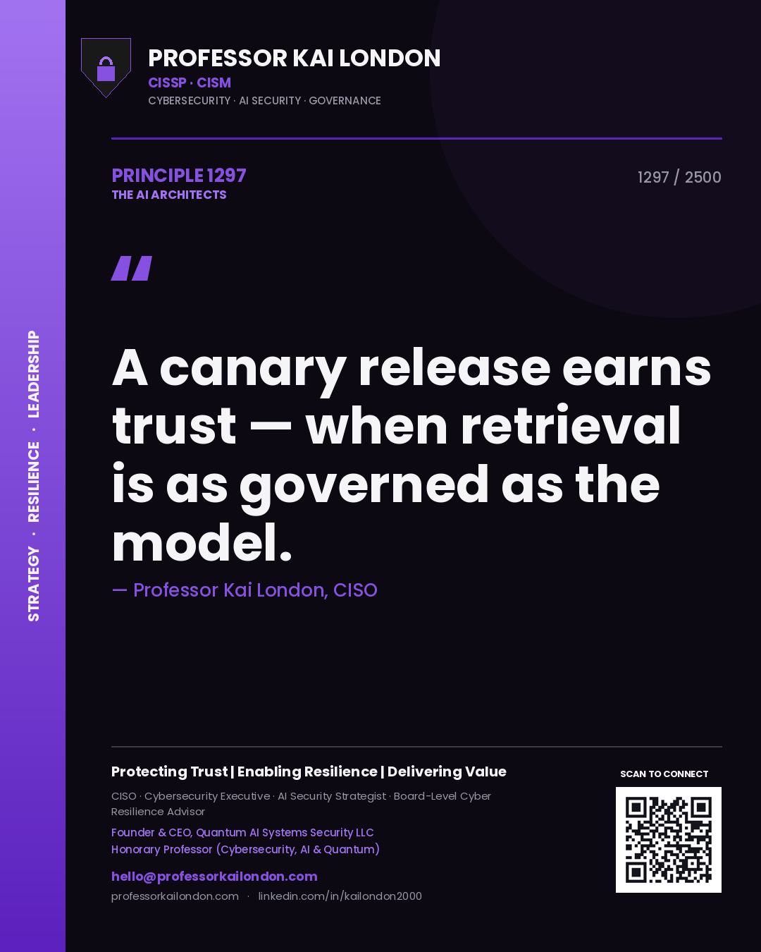 Quote card by Professor Kai London reading 'A canary release earns trust — when retrieval is as governed as the model.'. From the book The AI Architects.