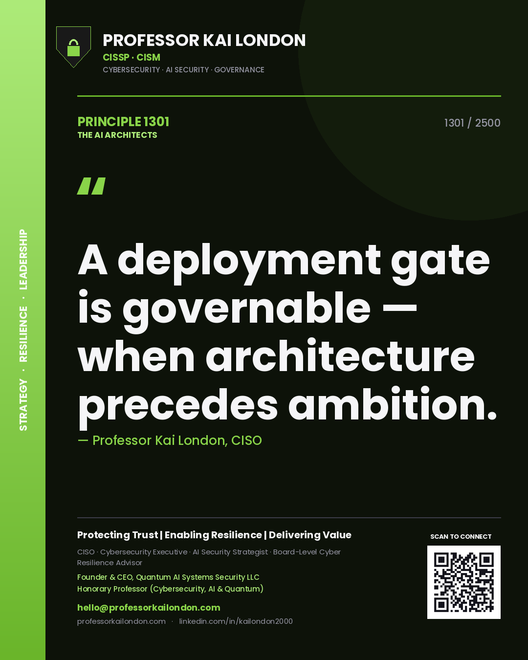 Professor Kai London principle 1301: A deployment gate is governable — when architecture precedes ambition.