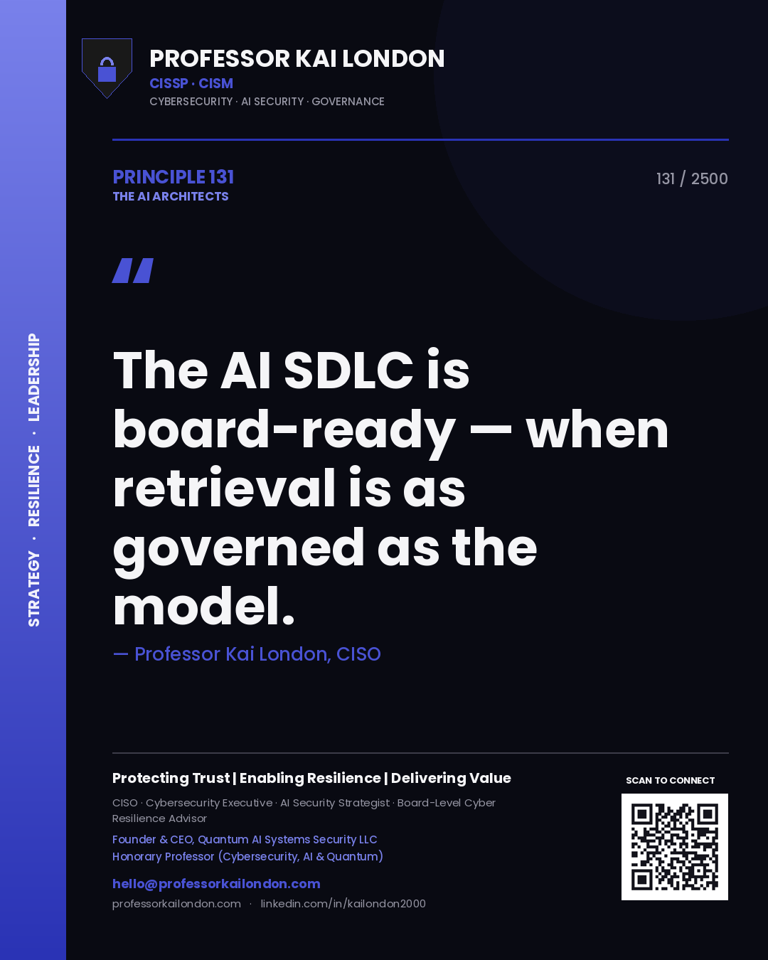 Quote card by Professor Kai London reading 'The AI SDLC is board-ready — when retrieval is as governed as the model.'. From the book The AI Architects.