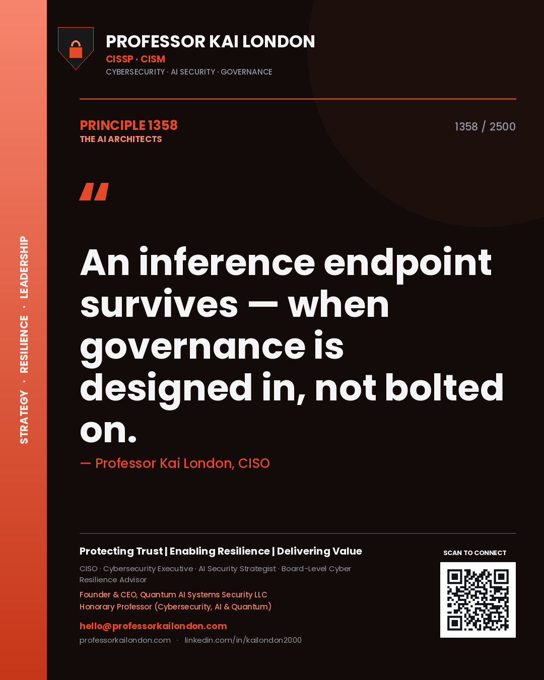 Quote card by Professor Kai London reading 'An inference endpoint survives — when governance is designed in, not bolted on.'. From the book The AI Architects.