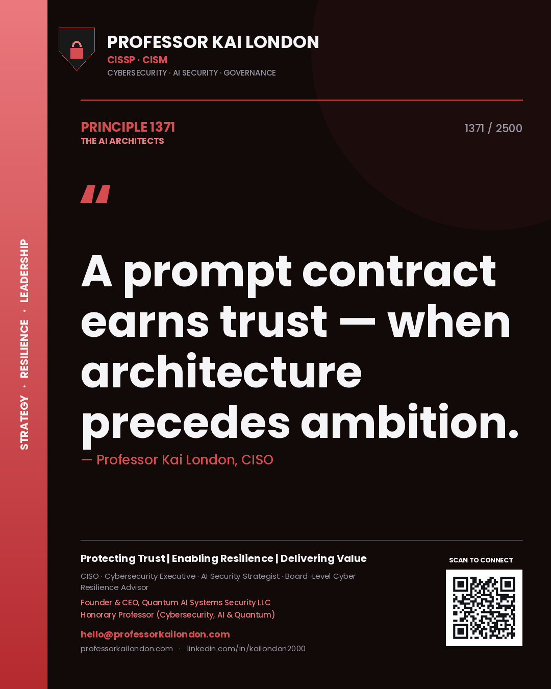 Quote card by Professor Kai London reading 'A prompt contract earns trust — when architecture precedes ambition.'. From the book The AI Architects.