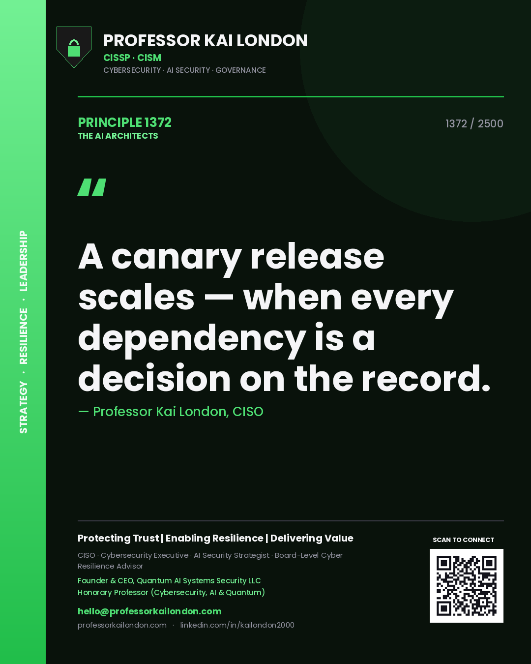 Professor Kai London principle 1372: A canary release scales — when every dependency is a decision on the record.
