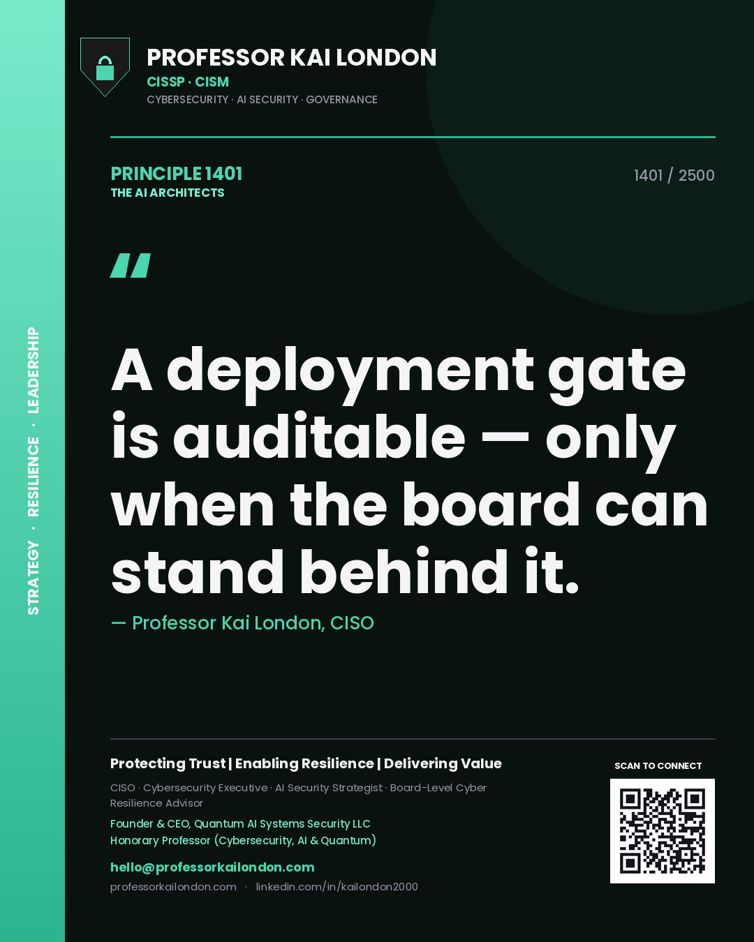 Quote card by Professor Kai London reading 'A deployment gate is auditable — only when the board can stand behind it.'. From the book The AI Architects.