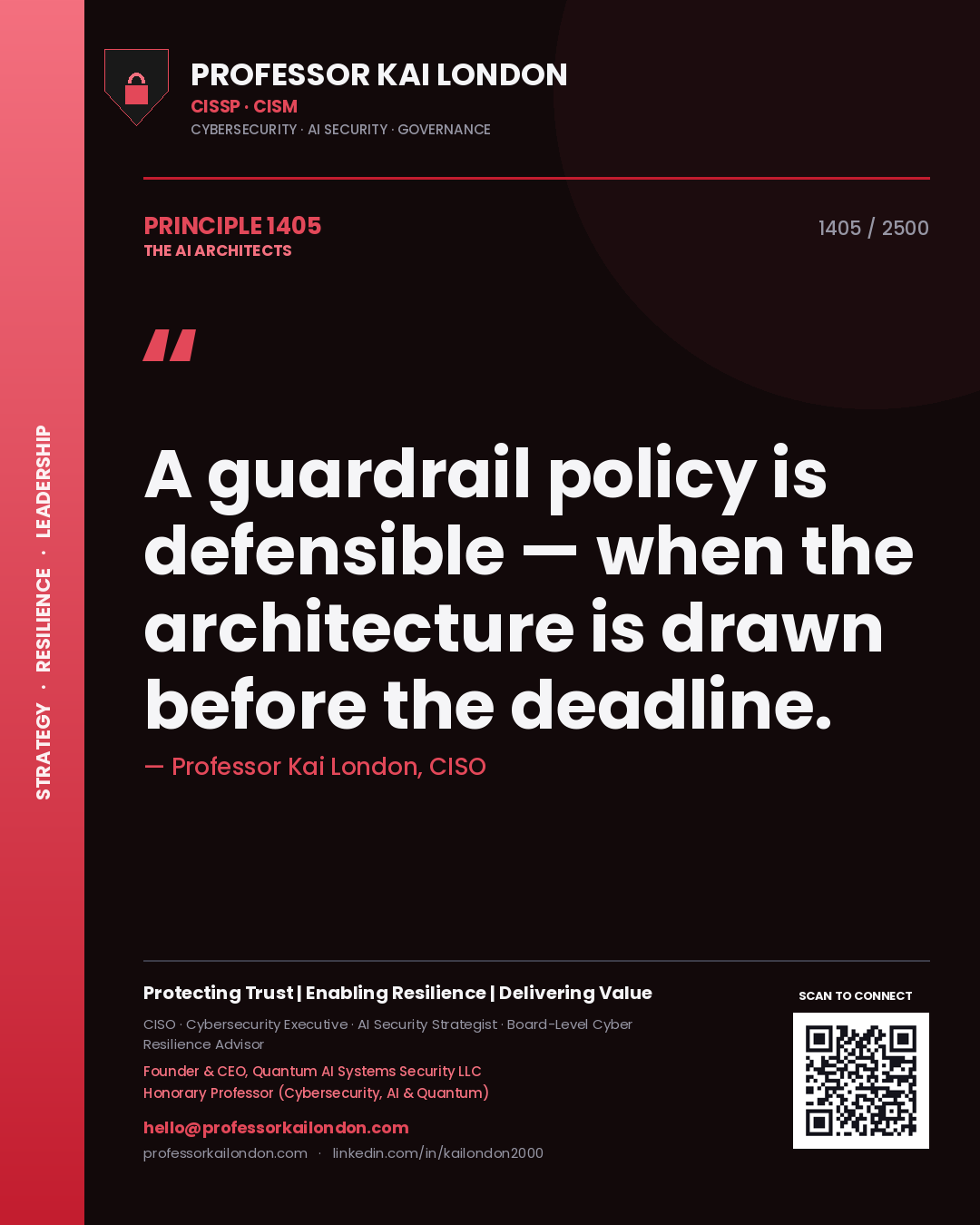 Quote card by Professor Kai London reading 'A guardrail policy is defensible — when the architecture is drawn before the deadline.'. From the book The AI Architects.