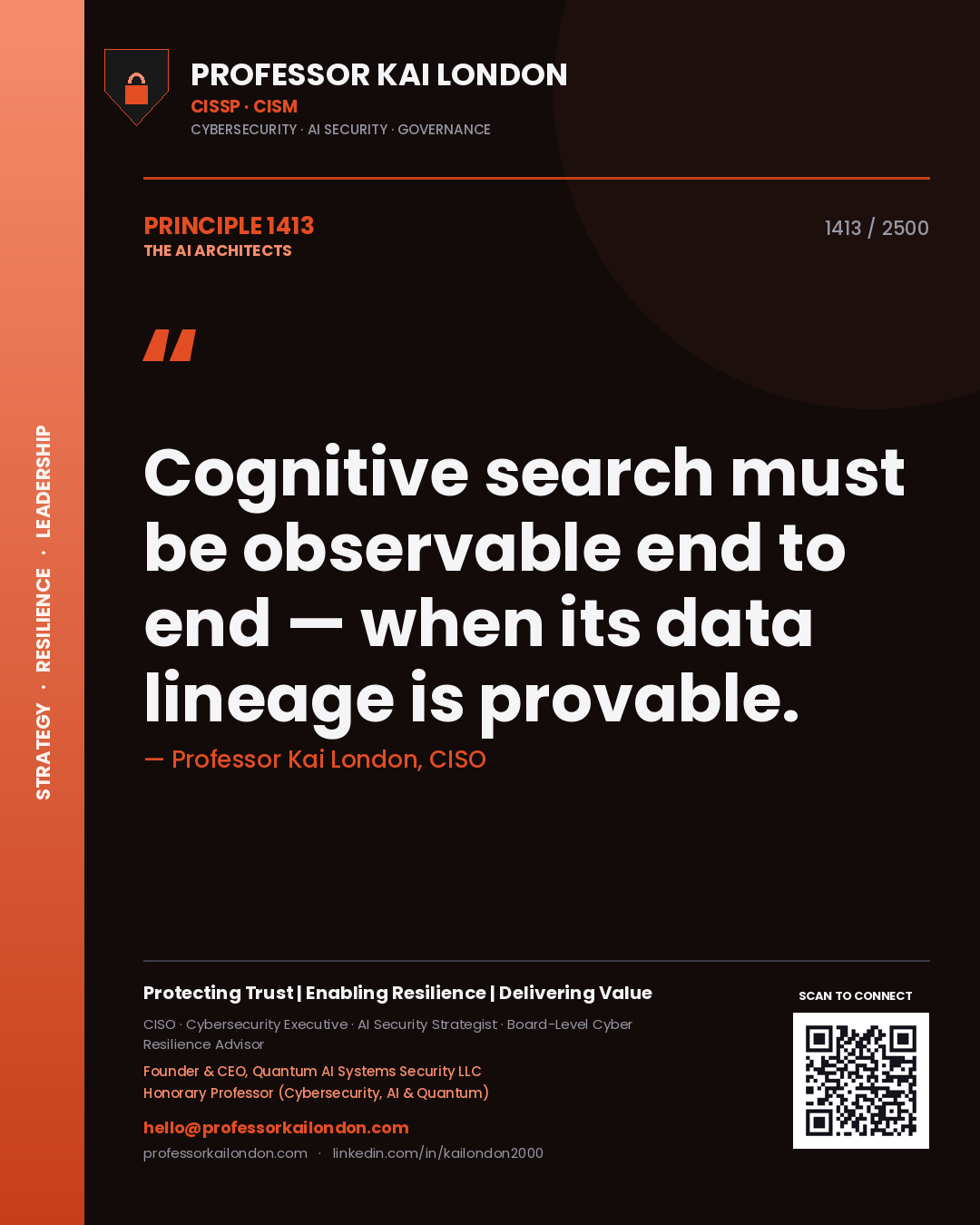 Quote card by Professor Kai London reading 'Cognitive search must be observable end to end — when its data lineage is provable.'. From the book The AI Architects.
