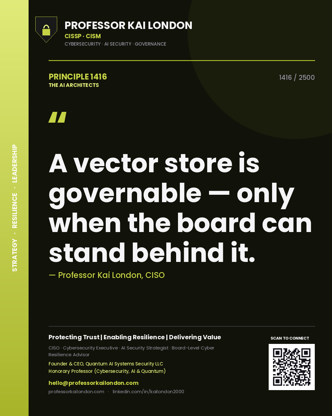 Quote card by Professor Kai London reading 'A vector store is governable — only when the board can stand behind it.'. From the book The AI Architects.