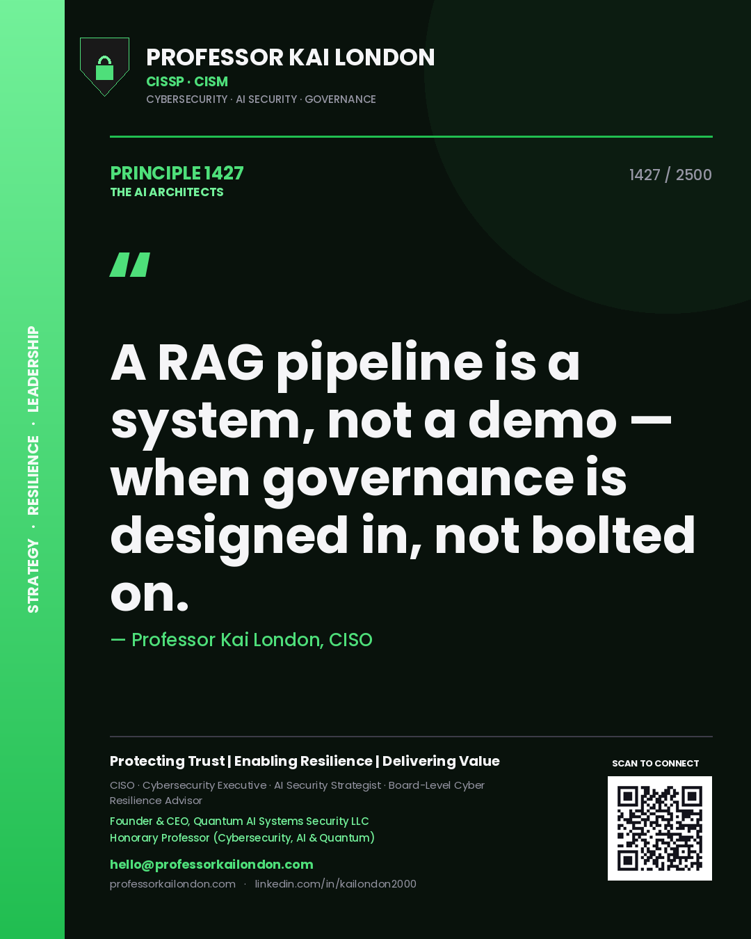 Quote card by Professor Kai London reading 'A RAG pipeline is a system, not a demo — when governance is designed in, not bolted on.'. From the book The AI Architects.
