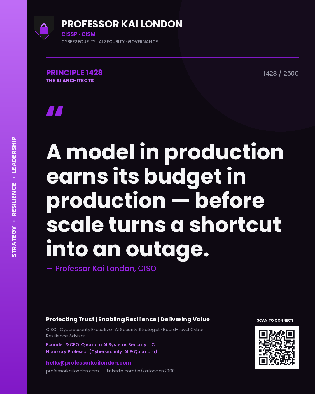 Quote card by Professor Kai London reading 'A model in production earns its budget in production — before scale turns a shortcut into an outage.'. From the book The AI Architects.