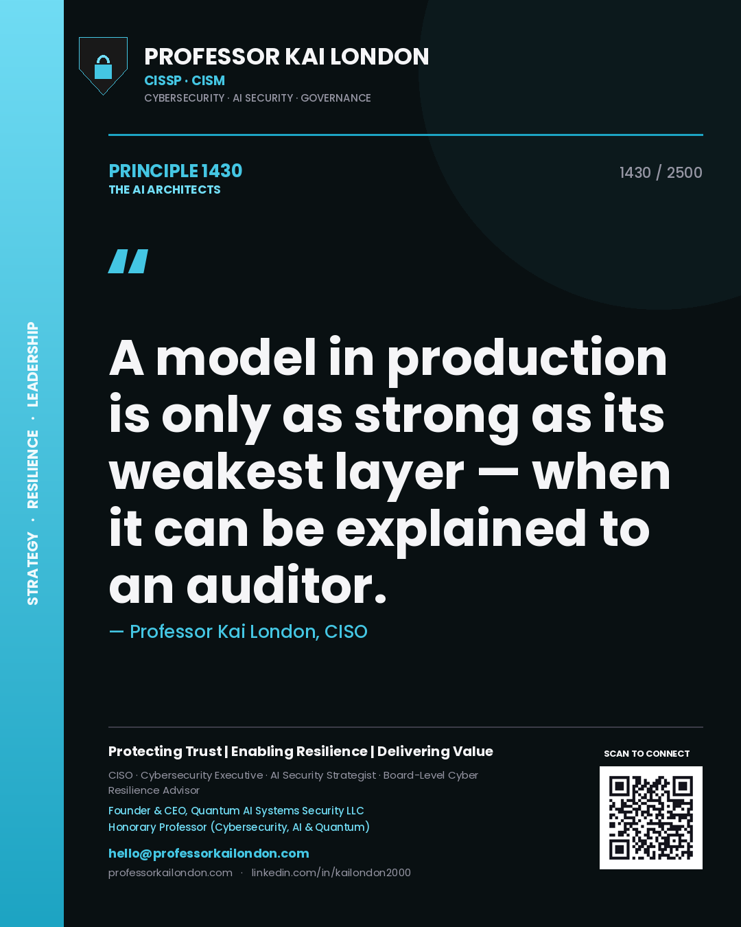 Quote card by Professor Kai London reading 'A model in production is only as strong as its weakest layer — when it can be explained to an auditor.'. From the book The AI Architects.