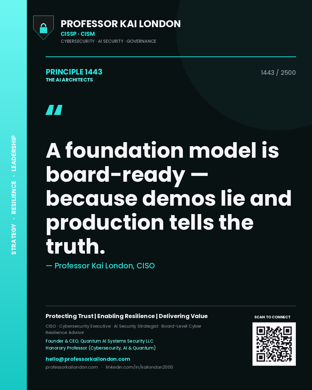 Quote card by Professor Kai London reading 'A foundation model is board-ready — because demos lie and production tells the truth.'. From the book The AI Architects.