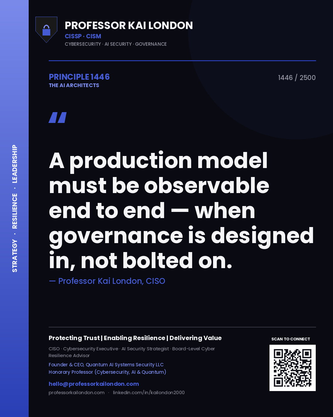 Quote card by Professor Kai London reading 'A production model must be observable end to end — when governance is designed in, not bolted on.'. From the book The AI Architects.