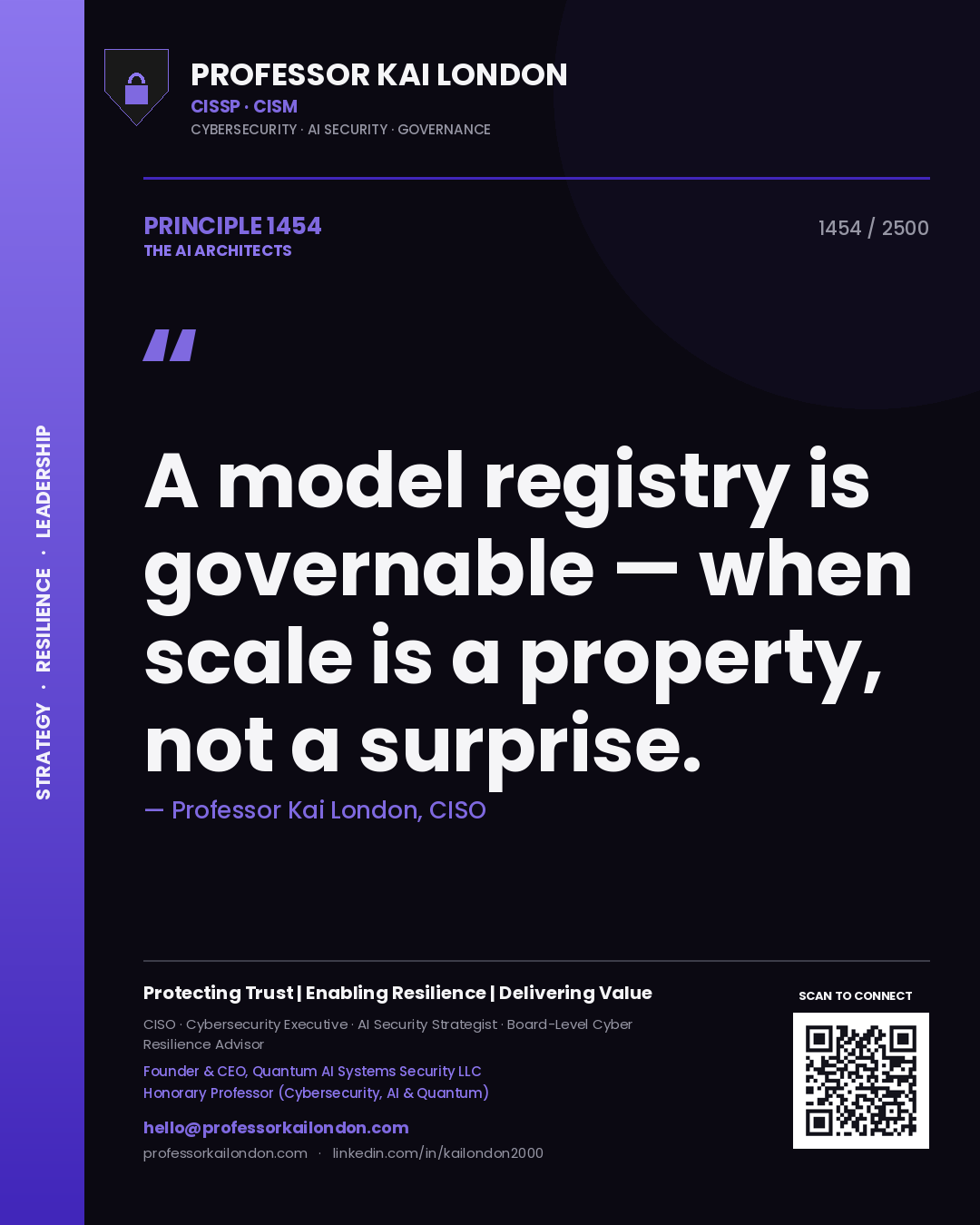Quote card by Professor Kai London reading 'A model registry is governable — when scale is a property, not a surprise.'. From the book The AI Architects.