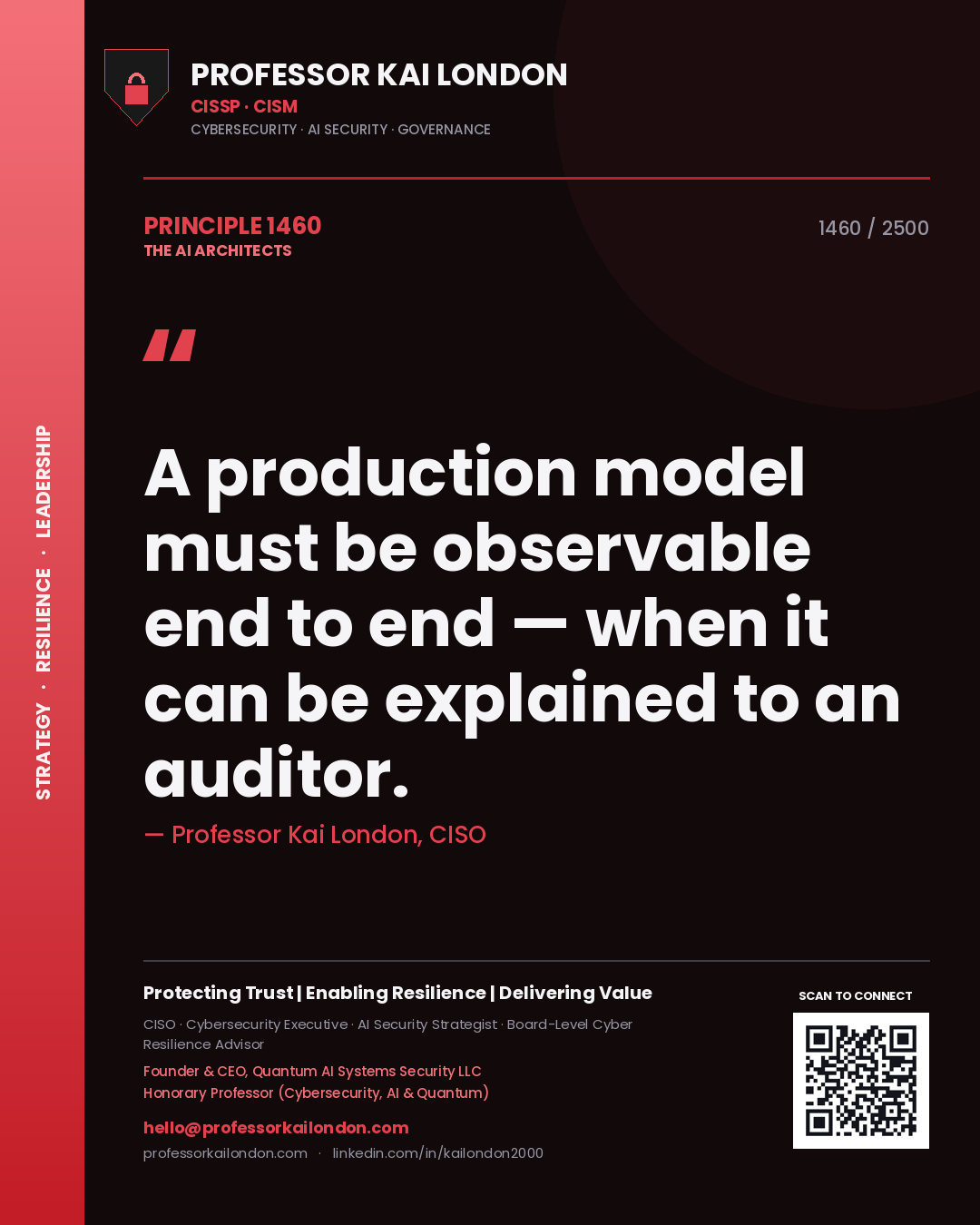 Quote card by Professor Kai London reading 'A production model must be observable end to end — when it can be explained to an auditor.'. From the book The AI Architects.