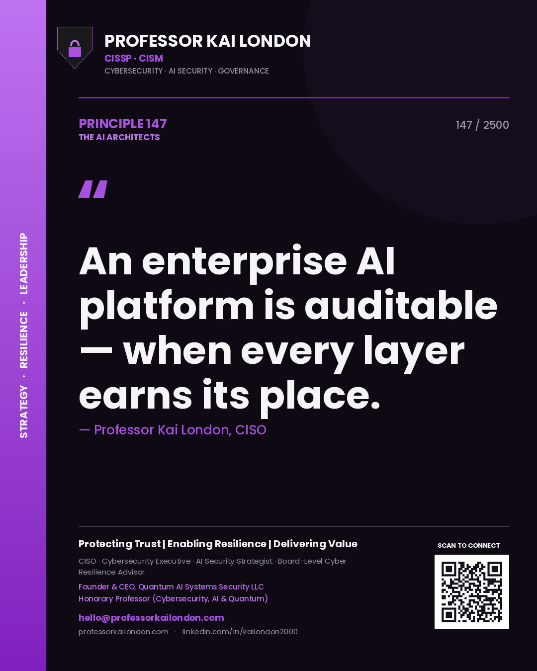 Quote card by Professor Kai London reading 'An enterprise AI platform is auditable — when every layer earns its place.'. From the book The AI Architects.