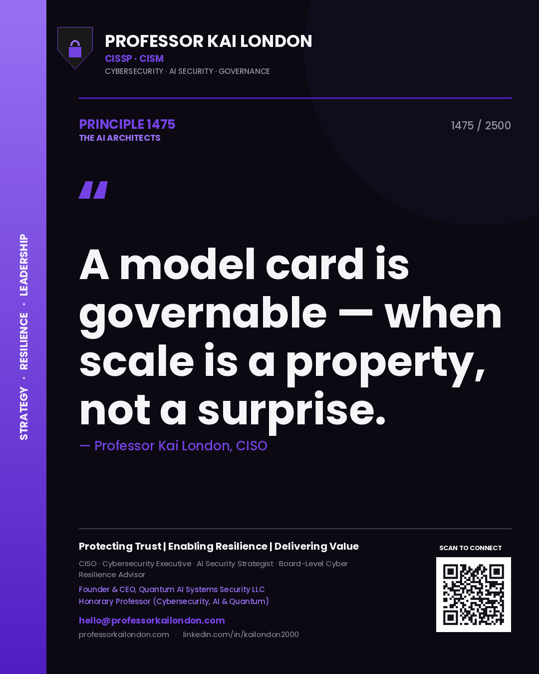 Quote card by Professor Kai London reading 'A model card is governable — when scale is a property, not a surprise.'. From the book The AI Architects.