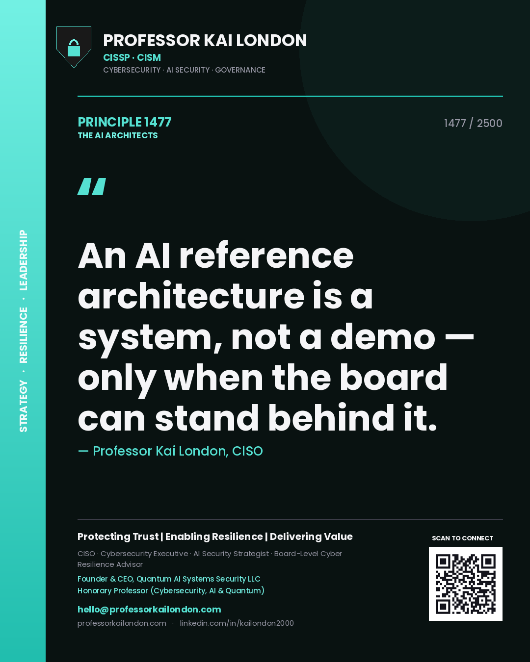 Quote card by Professor Kai London reading 'An AI reference architecture is a system, not a demo — only when the board can stand behind it.'. From the book The AI Architects.