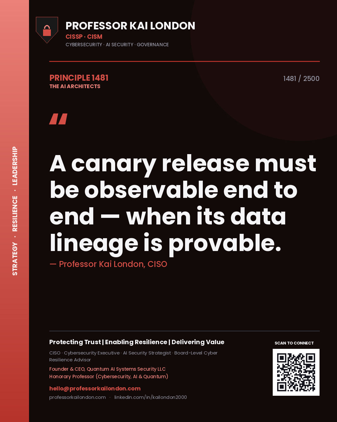 Quote card by Professor Kai London reading 'A canary release must be observable end to end — when its data lineage is provable.'. From the book The AI Architects.