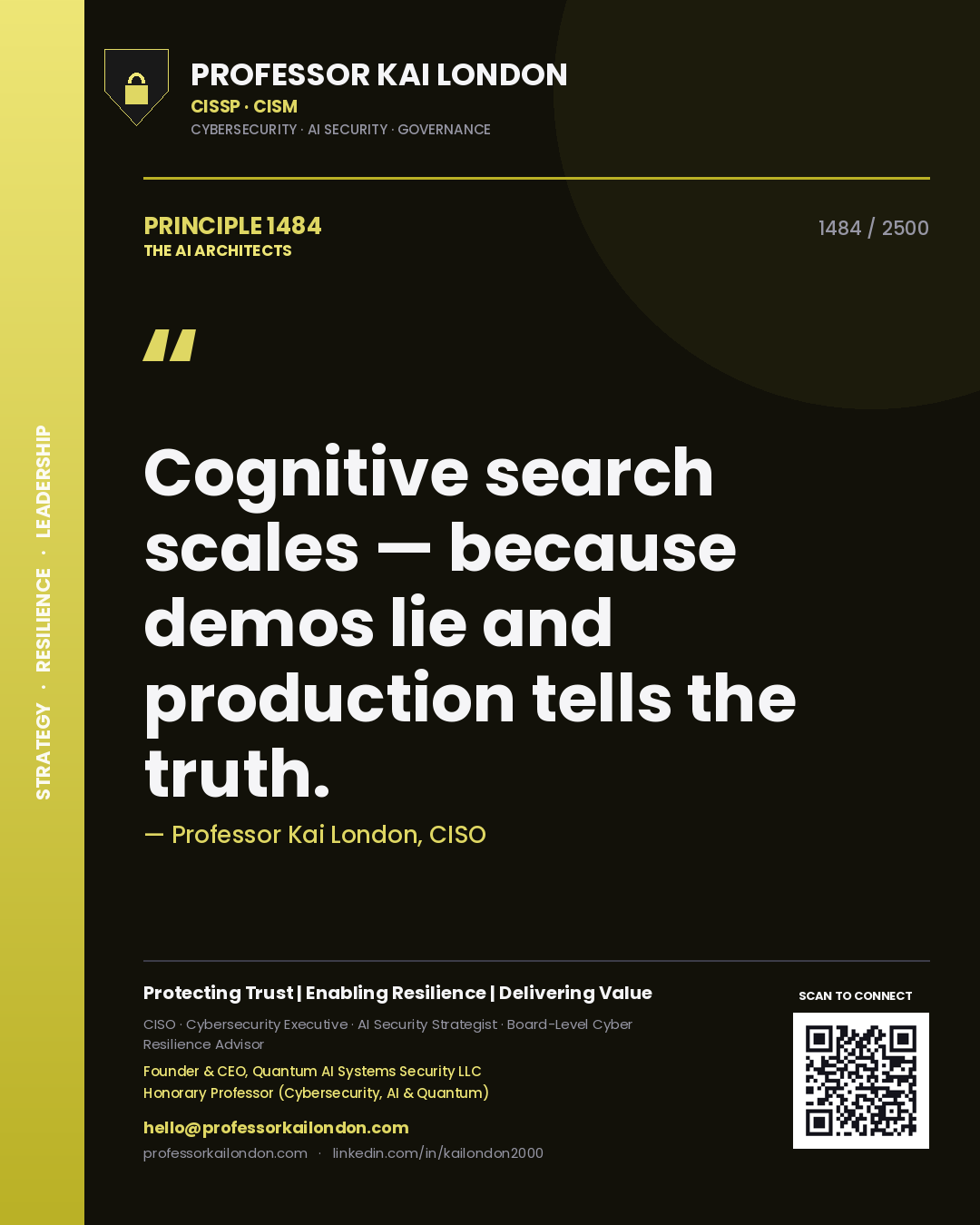 Quote card by Professor Kai London reading 'Cognitive search scales — because demos lie and production tells the truth.'. From the book The AI Architects.