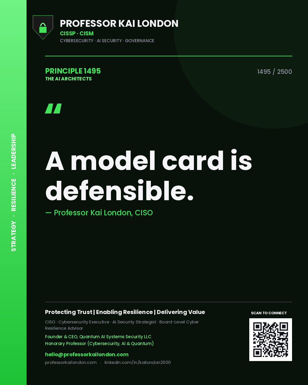 Quote card by Professor Kai London reading 'A model card is defensible.'. From the book The AI Architects.
