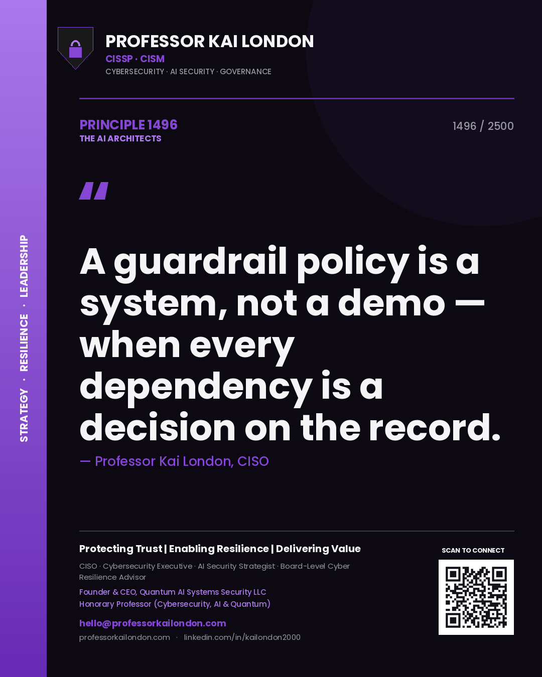 Quote card by Professor Kai London reading 'A guardrail policy is a system, not a demo — when every dependency is a decision on the record.'. From the book The AI Architects.