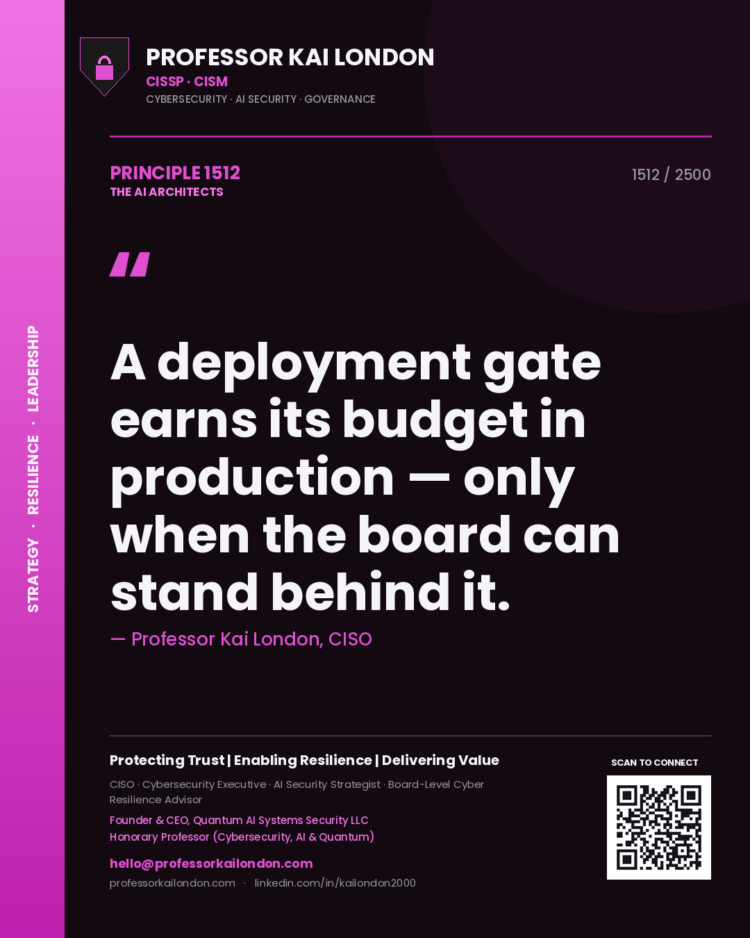Quote card by Professor Kai London reading 'A deployment gate earns its budget in production — only when the board can stand behind it.'. From the book The AI Architects.