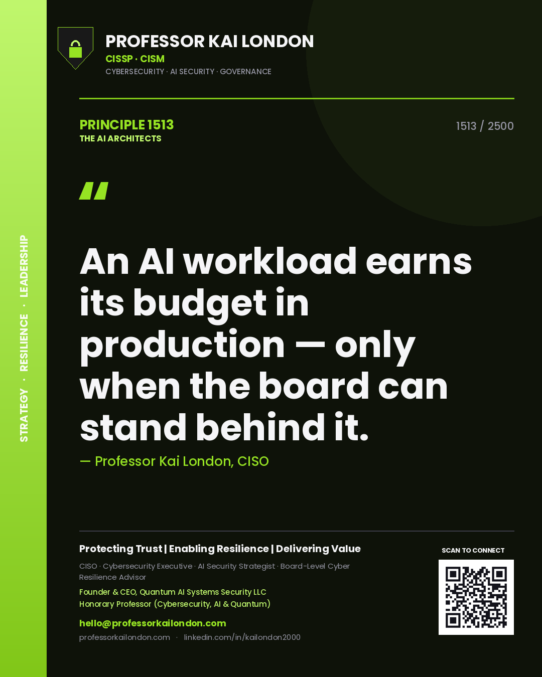 Professor Kai London principle 1513: An AI workload earns its budget in production — only when the board can stand behind it.