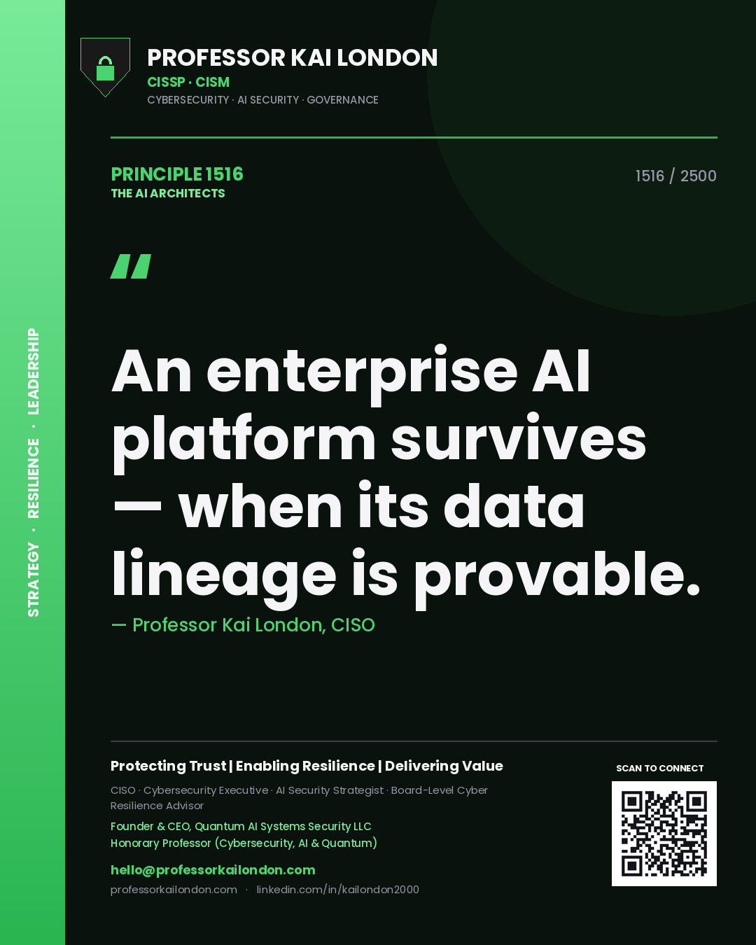 Professor Kai London principle 1516: An enterprise AI platform survives — when its data lineage is provable.