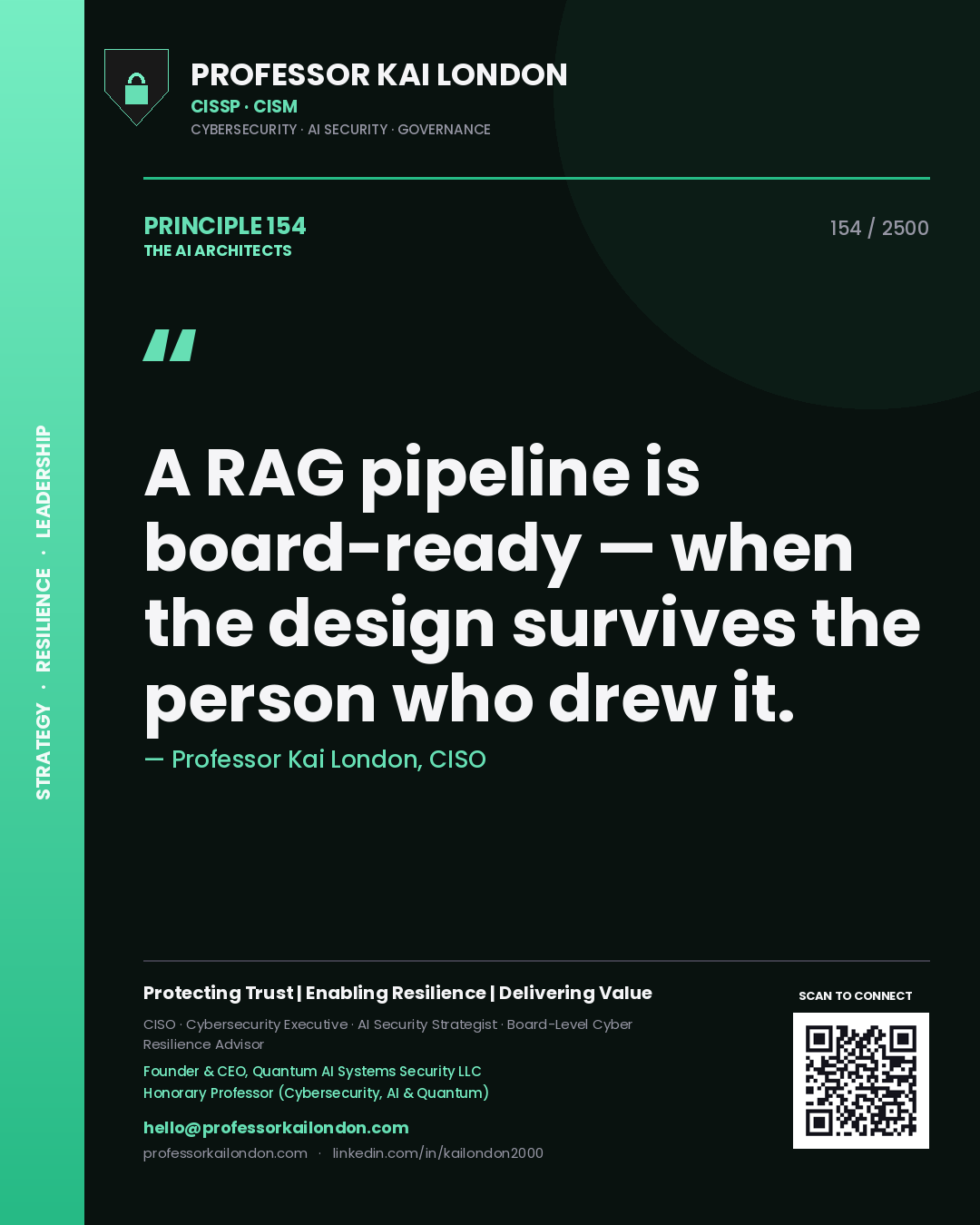 Professor Kai London principle 154: A RAG pipeline is board-ready — when the design survives the person who drew it.
