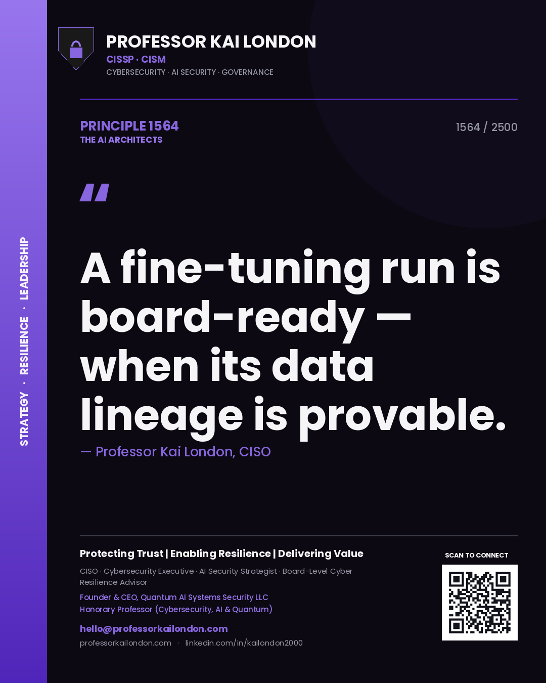 Quote card by Professor Kai London reading 'A fine-tuning run is board-ready — when its data lineage is provable.'. From the book The AI Architects.