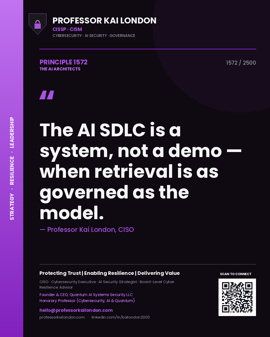 Quote card by Professor Kai London reading 'The AI SDLC is a system, not a demo — when retrieval is as governed as the model.'. From the book The AI Architects.