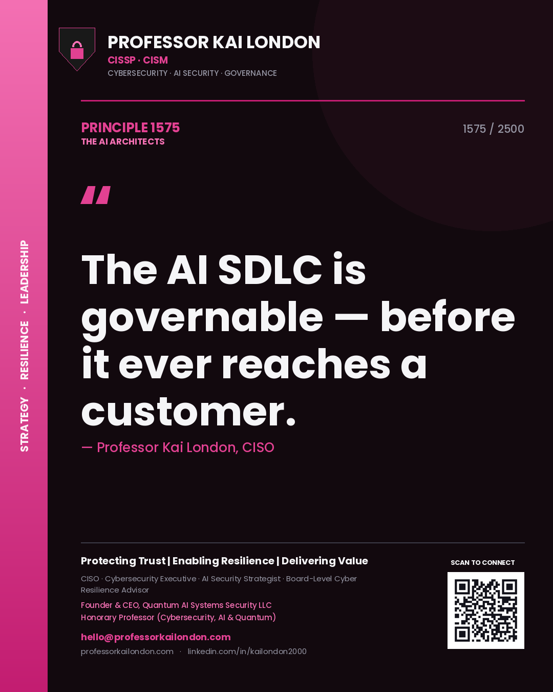 Quote card by Professor Kai London reading 'The AI SDLC is governable — before it ever reaches a customer.'. From the book The AI Architects.