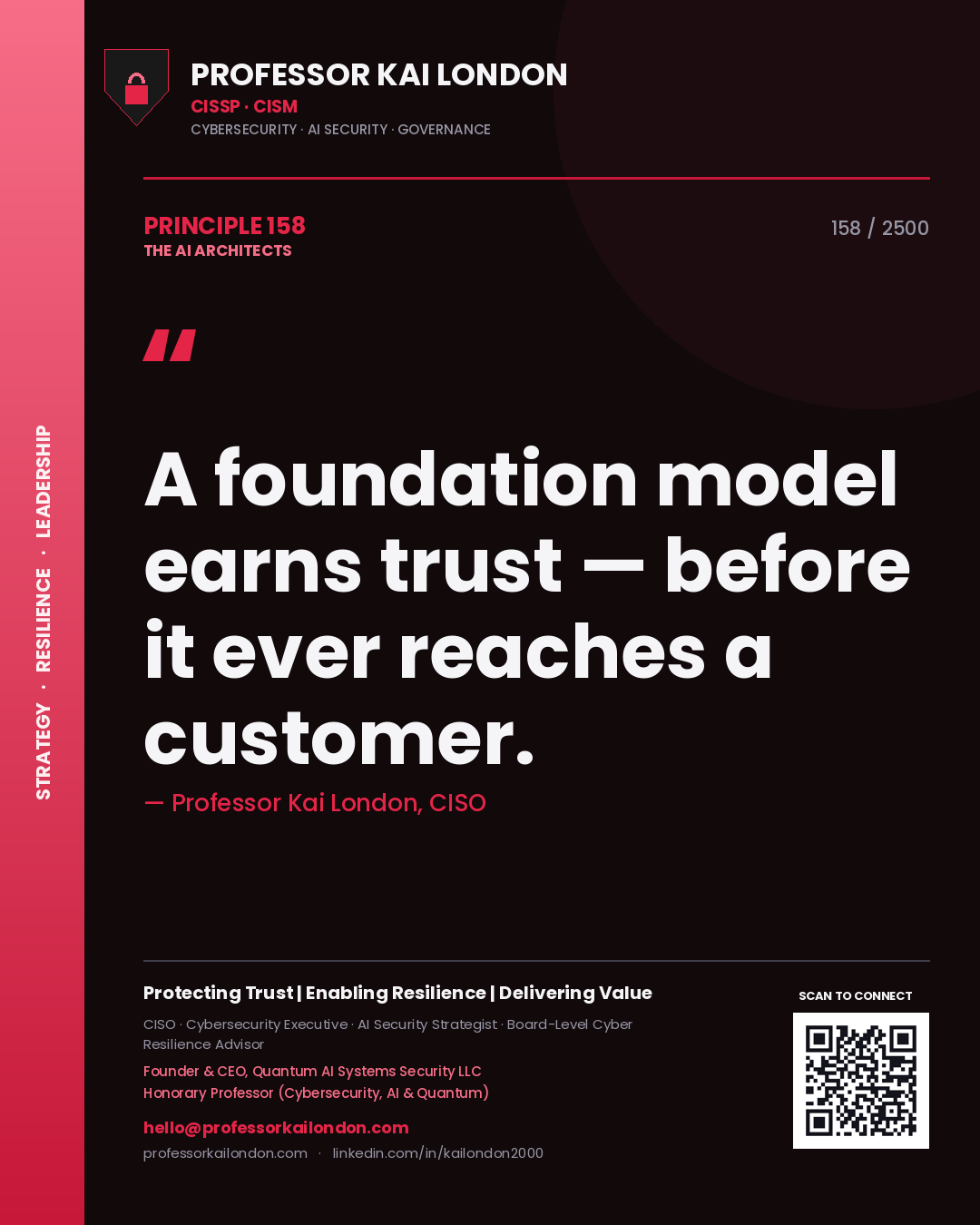 Quote card by Professor Kai London reading 'A foundation model earns trust — before it ever reaches a customer.'. From the book The AI Architects.