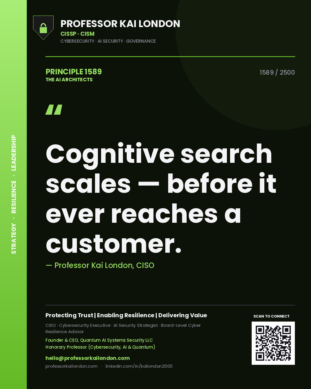 Quote card by Professor Kai London reading 'Cognitive search scales — before it ever reaches a customer.'. From the book The AI Architects.