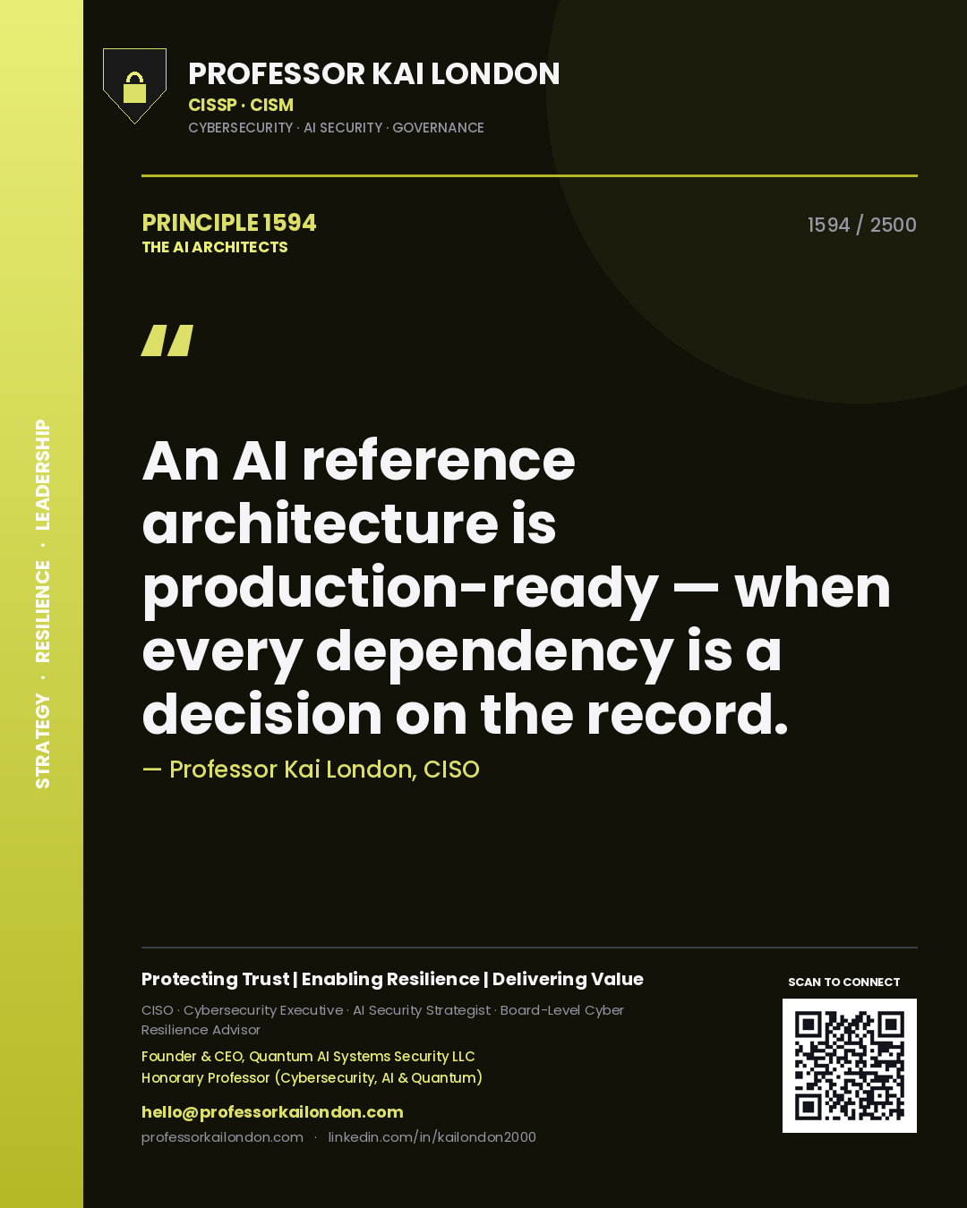 Quote card by Professor Kai London reading 'An AI reference architecture is production-ready — when every dependency is a decision on the record.'. From the book The AI Architects.