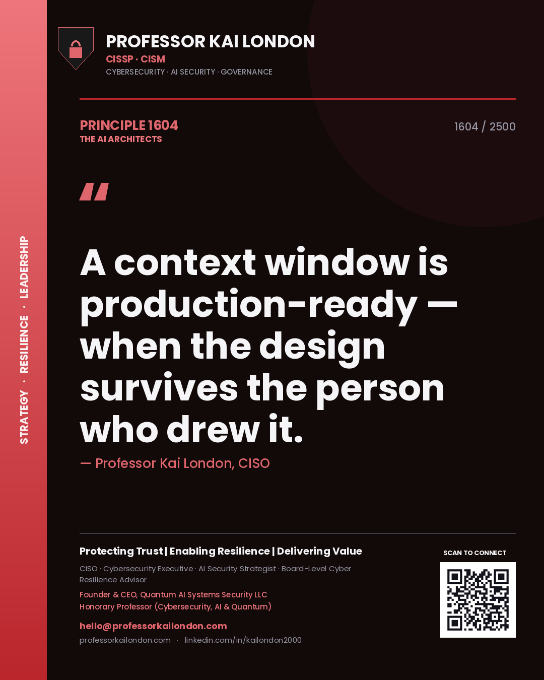 Quote card by Professor Kai London reading 'A context window is production-ready — when the design survives the person who drew it.'. From the book The AI Architects.